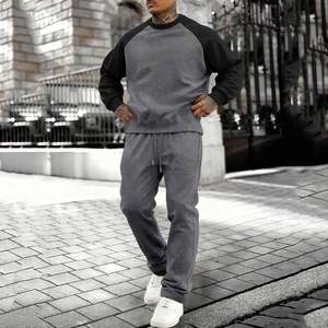 High Quality Men's <b>Fleece</b> 2 Piece Set Crewneck Raglan Sleeve Color Block Sweatsuits <b>Joggers</b> Suit Sets Athletic Sweatpants Outfit - Product Image 2