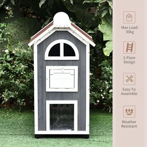 Casetta per Gatti a 3 Piani in Legno 43H, Condo per Gattini da Esterno, Motivo Grigio e Bianco, Tetto in Asfalto Rettangolare, Porte di Fuga, Scale, Grande Villa - Product Image 6