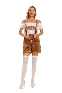 Brown Embroidered Unisex Lederhosen Shorts With White <b>Shirt</b> Casual Bavarian Style High Waist Breathable Woven Fabric - Product Image 3