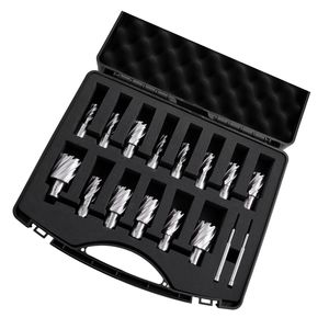 Set di frese anulari da 16 pezzi con codolo Weldon HSS, kit di 14 punte da trapano, profondità di taglio 1 pollice, diametro di taglio 7/16 pollici, 1 3/8 pollici per trapani a base magnetica - Product Image 1
