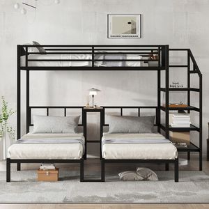Letto a Castello Triplo in Metallo con Scrivania e Mensole Salvaspazio per 3 Persone, Dimensioni Twin XL - Product Image 2