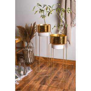 Pot de fleurs moderne de luxe en métal doré avec support, grand pot rond noir pour l'intérieur et l'extérieur, pour la décoration de la maison, du jardin et du salon - Product Image 3