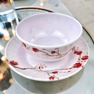 <b>Melamine</b> Rice <b>Bowl</b> 4 Flat Plates Set Pigmented Asian Zen Lines Design Durable Dishwasher/Microwave Safe Non-Toxic Food Grade - Product Image 4