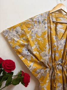 Women's Orange Floral Print 100% Cotton Maxi V-neck Batwing Sleeve Drawstring Casual <b>Kaftan</b> Dress Beachwear & Resort Wear <b>Summer</b> - Product Image 4