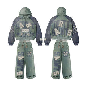 Conjunto de Sudadera con Capucha y Pantalones de Chándal de Algodón Grueso para Invierno, Estilo Urbano, Unisex, con Logotipo Bordado Personalizado, Parches y Pedrería - Product Image 1