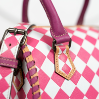 Sac de voyage de luxe portable en cuir véritable 100% avec motif losanges à carreaux rose et blanc et double poignée