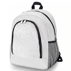 Mochila Personalizada de Poliéster con Brillo Plateado para Animadoras, Ribete Negro, Logotipo del Equipo, OEM, Venta al Por Mayor - Product Image 1