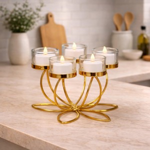 Flower Shape Style Gold Metal And Glass <b>Candle</b> Stand Suitable For Home Decor Living Room Table And Shelf Styling From India - Product Image 1