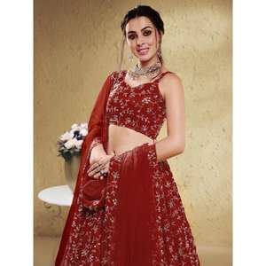 Belle Georgette Lehenga Choli à paillettes rouges avec Dupatta pour les robes de soirée - Product Image 4