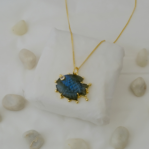 Labradorite Carved Fish Pendant <b>Necklace</b> Handmade <b>Blue</b> Fire Gemstone Charm Gold Plated Statement Boho Animal Jewelry 562413 - Product Image 3
