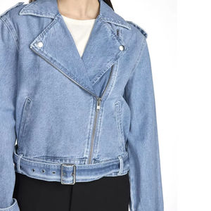 Blouson Biker en Jean Bleu Clair pour Femme, Veste Moto Asymétrique à Fermeture Éclair, Manches Longues, Col Revers, Style Décontracté, Tendance Streetwear - Product Image 6