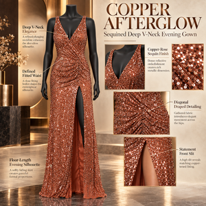Robe de soirée en sequins couleur cuivre rose avec décolleté en V profond et fente avant |   Robe de soirée longue ajustée avec effet taille drapée - Product Image 5