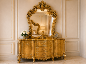 Colección de Dormitorio Royal Aurelia Palace, Cama King Size de Madera de Teca Tallada a Mano en Oro Antiguo con Mesitas de Noche a Juego, Juego de Muebles - Product Image 5