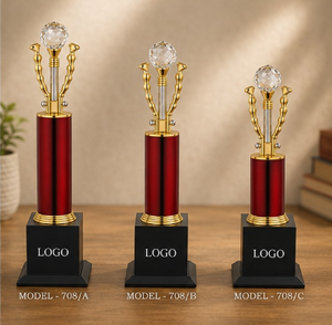 Trofeo de Metal Fundido a Presión, Modelo 708, Columna Roja, Base Dorada, Premio Deportivo, Logotipo Grabado, Trofeo de Cristal Duradero - Product Image 1