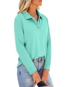 <b>Womens</b> <b>Long</b> <b>Sleeve</b> <b>Polo</b> <b>Shirt</b> Turn Down Collar Button Mint Green Solid Casual Tops - Product Image 3
