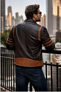 <b>Mens</b> <b>Brown</b> Striped <b>Leather</b> Biker <b>Jacket</b> Wolverine Inspired Logan Style Streetwear - Product Image 4