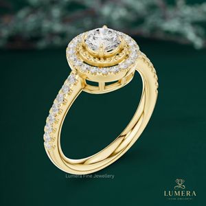 Bague en or jaune avec double halo et pavé de diamants, diamant de laboratoire rond brillant, pour femme, intemporelle et élégante - Product Image 3