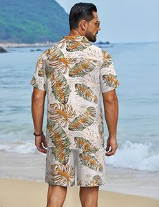Conjunto de camisa de manga corta con estampado de hojas tropicales y pantalones cortos a juego para hombre, estilo informal, colorido, para vacaciones de verano. - Product Image 5