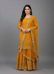MODERN GEORGETTE EMBROIDERY SEQUENCE WORK WITH POTLI <b>BUTTON</b> WORK TOP SHARARA WITH DUPATTA 83318 - Product Image 1