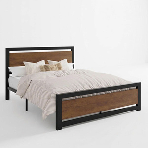 Midcentury Modern Queen Platform <b>Bed</b> with <b>Black</b> Metal Frame and Solid Wood Walnut Wood-Grain Headboard - Product Image 1