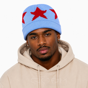 Cosh International <b>Light</b> Blue Knitted Beanie With Red <b>Star</b> And Moon Embroidery Unisex Winter Hat Casual Style - Product Image 3
