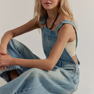 Ladies Casual Stonewashed Vintage denim Dungarees Wide Leg Bib Pants Cotton Overall Manufacturer - Product Image 4