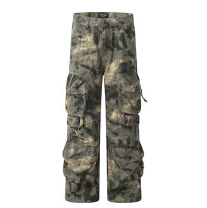 Pantalon cargo camouflage vintage multi-poches avec logo personnalisé pour homme, coupe droite, style baggy, effet empilé - Product Image 2