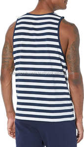 Men's Striped Sleeveless <b>Tank</b> <b>Top</b> O-Neck Knitted Casual Wear Navy <b>White</b> - Product Image 3