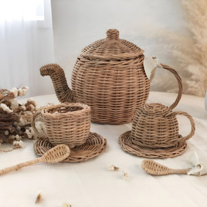 Petite théière et tasses en osier, mignon ensemble cadeau de théière miniature en rotin rose écologique, jeu de simulation de café, jouets pour enfants - Product Image 3