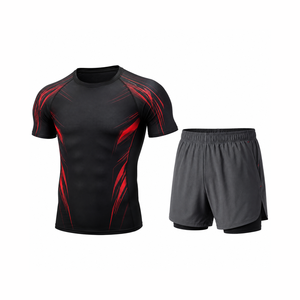 Ensemble de vêtements de sport pour hommes, t-shirt et short de course, entraînement en salle de sport, fitness, respirant, léger, maille, séchage rapide - Product Image 1