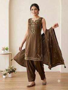 Brown Embroidered Sleeveless Kurta Traditional Indian Pakistani Casual Wear Midi Length Regular Fit COSS MOSS Women's <b>Dress</b> All - Product Image 2