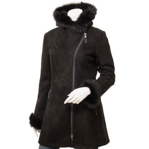 Outerwear Women's <b>Black</b> Suede Asymmetric Zipper Coat With Fur Trim Hood And Cuffs Winter Windproof Full Sleeve <b>Jacket</b> - Product Image 1