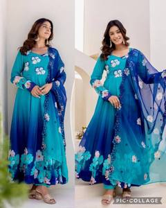 Ensemble Kurti Anarkali brodé de fleurs bleues avec pantalon et dupatta, tenue ethnique indienne pakistanaise pour femmes, pour mariage et fêtes - Product Image 4