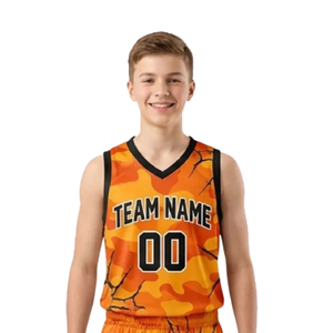 Maillot de basket sans manches pour jeunes garçons, col en V, motif camouflage, avec short assorti, nom de l'équipe et numéro du joueur - Product Image 3