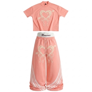 OEM Custom Women's Oversized <b>Crop</b> <b>Top</b> Wide Leg Jogger Pants Set Streetwear Spring Wear Solid Lightweight Embroidery Logo - Product Image 2