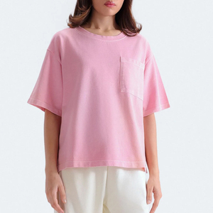 T-shirt pour femme en coton 100% rose, col rond, manches courtes, coupe classique, décontracté, avec poche, toutes saisons, séchage rapide, respirant - Product Image 1