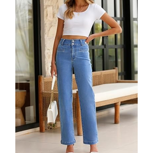 Jeans décontractés pour femmes à taille haute, coupe droite, extensibles, à jambe large et coupe ample en denim – Vente en gros - Product Image 1