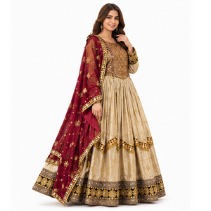 Lehenga Choli de Seda Beige con Dupatta Roja Bordada, Vestido Afgano para Boda, Largo hasta el Suelo, Corte Holgado, Vestidos Kuchi Afganos para Mujer - Product Image 2