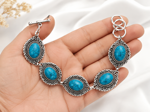 Wholesale Women's Bohemian Gemstone <b>Bracelet</b> Supplier | Green Onyx Rose Quartz Turquoise Agate | Antique Silver Plated Chain - Product Image 1