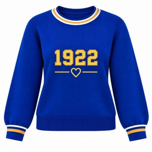 Suéter Azul Rey Sigma Gamma Rho 1922 con Bordado de Número Dorado, Diseño de Corazón, Rayas Blancas y Doradas, Cuello Redondo, Prenda de Punto para Mujer - Product Image 1
