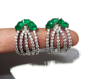 Natural Green Onyx White Zircon Gemstone Bohemian <b>Hoop</b> <b>Earrings</b> 925 Sterling <b>Silver</b> Handmade Certified Statement Women's Elegant - Product Image 4