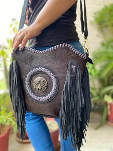 New Western Style Hair on Hide Fur Suede Leather Fringe Bag High Quality <b>Boho</b> Women Fur Leather Unique Middle Concho Fringe Bags - Product Image 2