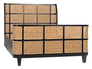 Modern Rattan Headboard <b>Bed</b> Frame Wooden Bedstead Black and Natural Panel <b>Bed</b> for Hotel Home Bedroom - Product Image 6