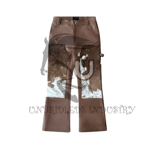 Pantalon à double genouillère en cuir de vachette marron et blanc - Product Image 1