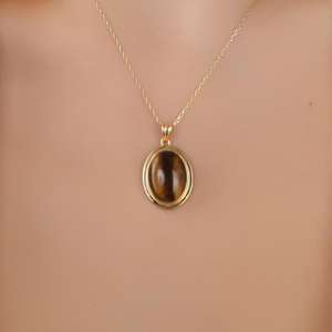 Collier pendentif œil de tigre ovale en argent sterling 925 plaqué or 14 carats, certifié IGI, design unique, bijou élégant, cadeau pour femme - Product Image 1