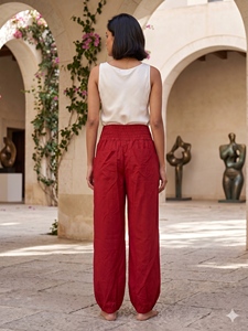 Women's High Waist Wide Leg Red Harem <b>Pants</b> 100% Cotton Loose Fit Full Length Button Regular Fit Casual <b>Summer</b> Style - Product Image 5