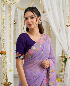 AARA Fashion Saree élégant en rayonne violette avec broderie florale, protection solaire, pour occasions de mariage, longueur ras du sol, Inde - Product Image 5