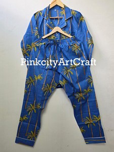 Women Premium Blue Cotton Palm Tree Print Night Suit Set Flock Print Long Sleeve Shirt Pajama Loungewear Spring Summer Autumn - Product Image 6