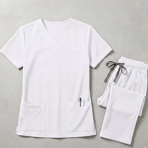 Ensemble de blouses et pantalons pour femmes en coton et polyester tissé, col en V, uniformes d'hôpital avec poches - Product Image 1