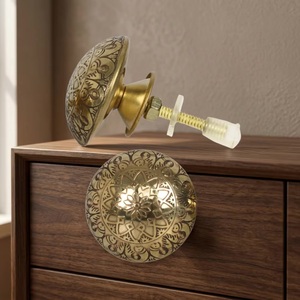Modern Brass Round Cabinet <b>Knobs</b> with Etched Floral Design <b>for</b> <b>Dresser</b> Wardrobe Drawer Kitchen Bathroom Storage - Product Image 3